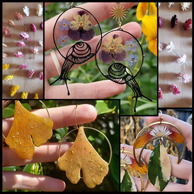 A collage of some of the jewelry Kimberly has created from pressed flowers